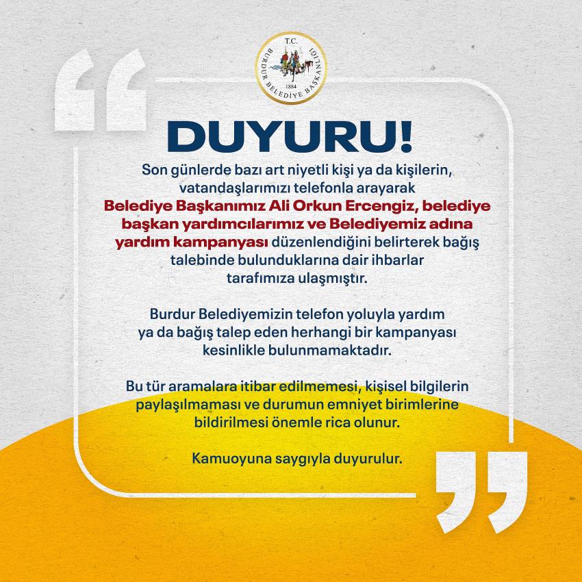 Burdur Belediyesi’nden “Dolandırıcılık” Uyarısı