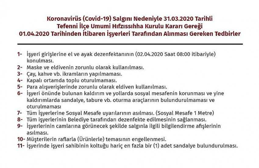 TEFENNİ'DE CORONA İLE MÜCADELEDE 11 MADDE YAYINLANDI