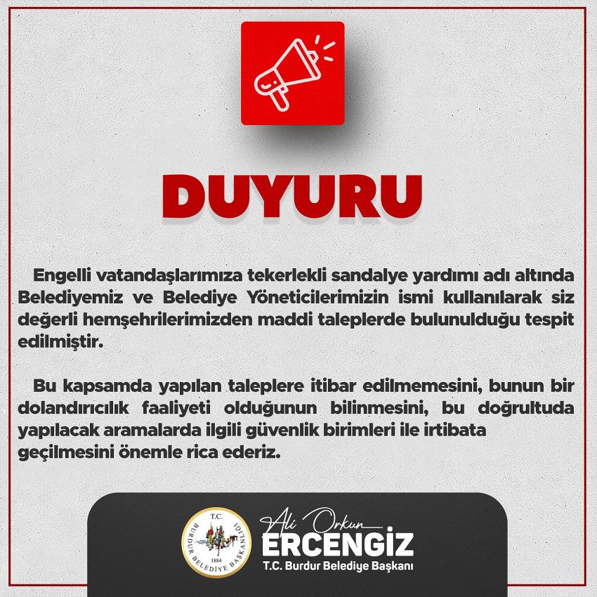 Burdur Belediyesi’nden dolandırıcılık uyarısı