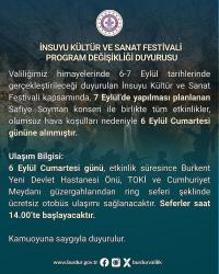 İnsuyu Kültür ve Sanat Festivali’nde Program Değişikliği