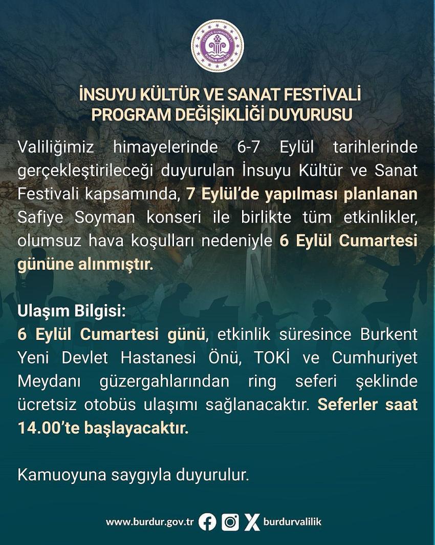 İnsuyu Kültür ve Sanat Festivali’nde Program Değişikliği